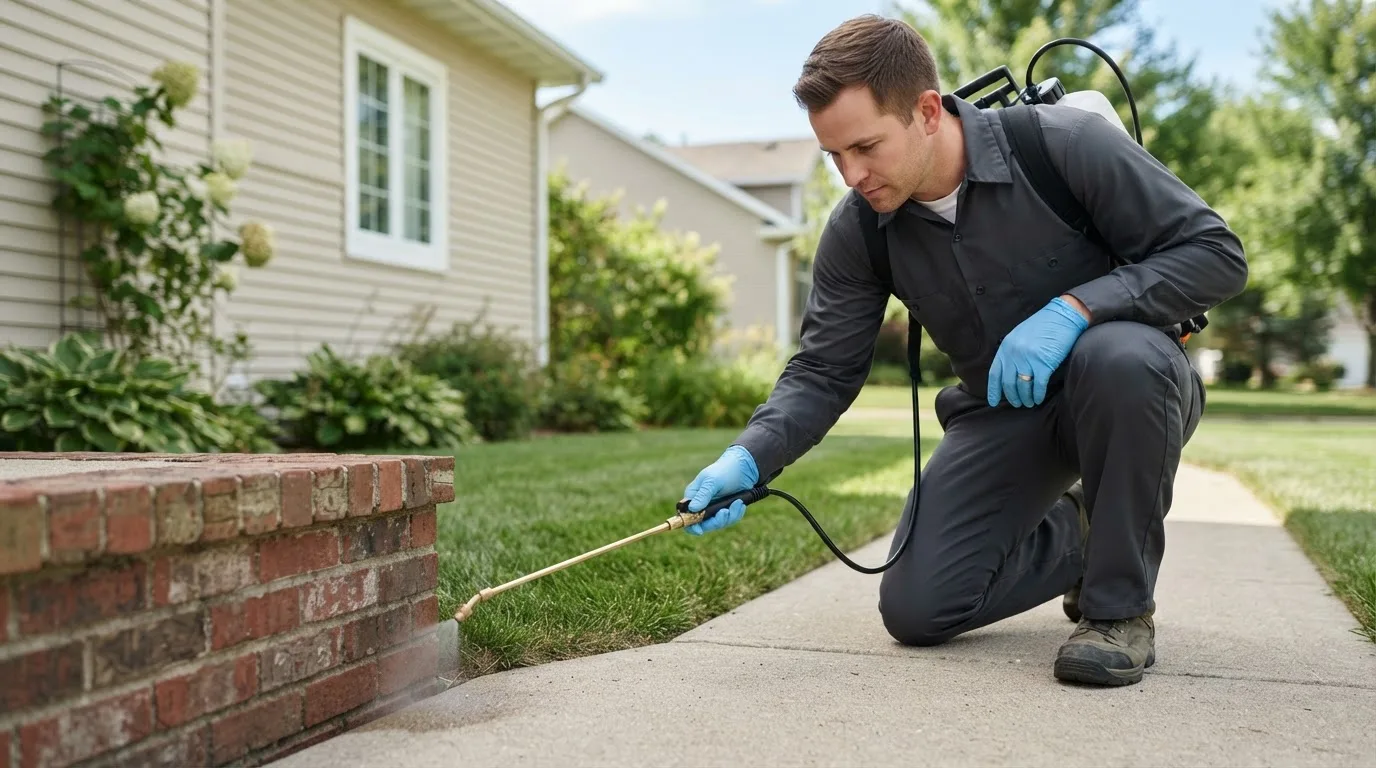 Pest control technician treating a home near Walhonding, OH