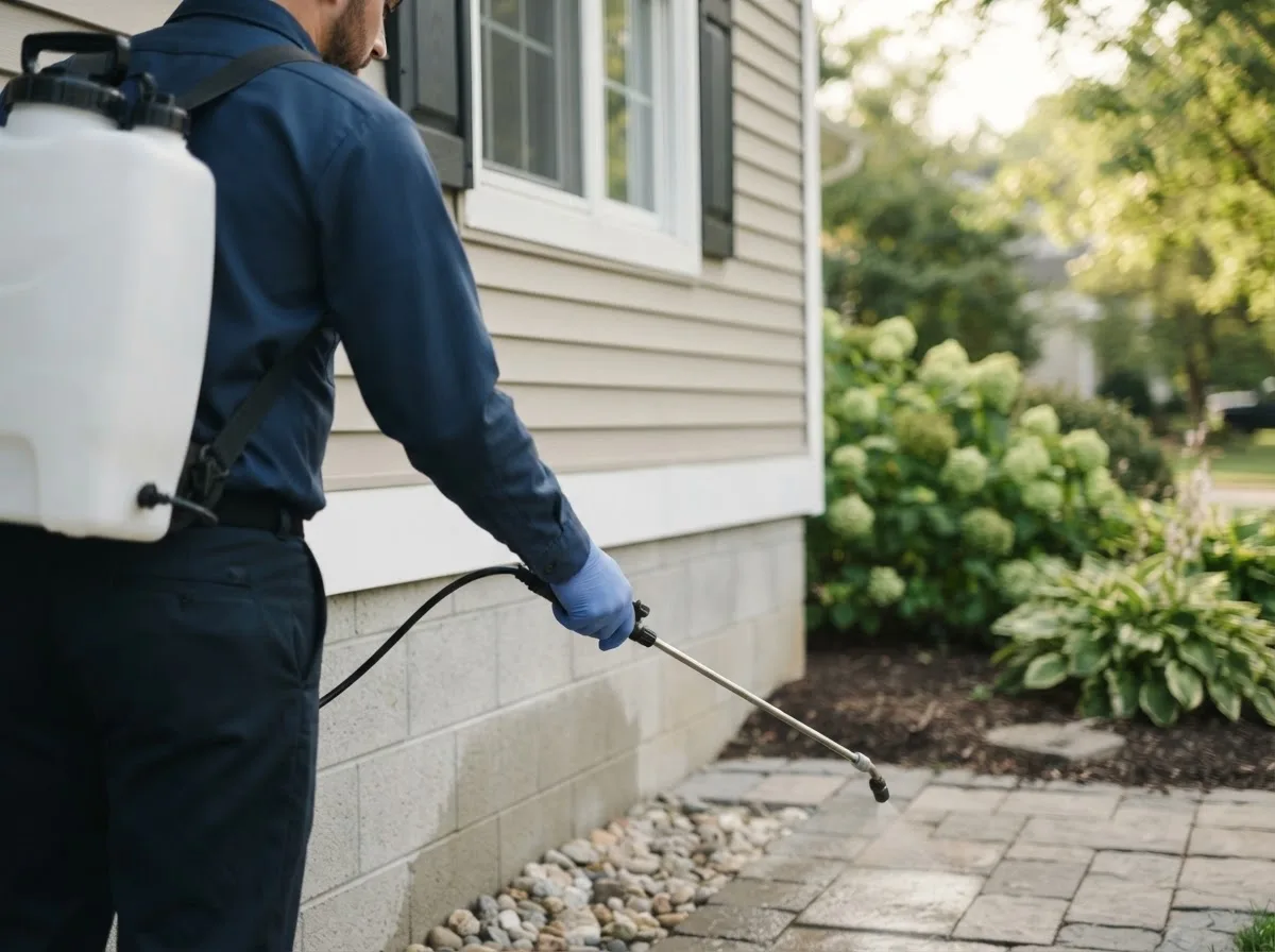 Pest control technician inspecting a home in Walhonding, OH